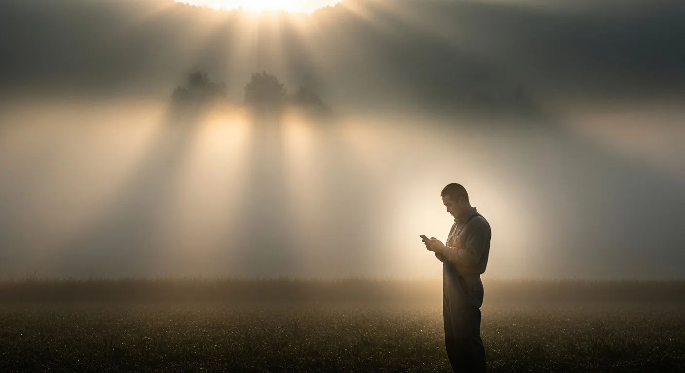Producer checking the app in the field at dawn